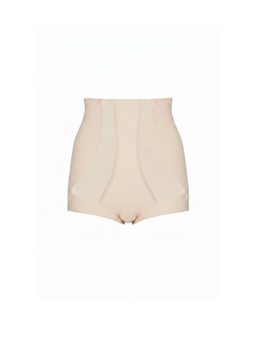 Beige high-waisted shorts on a white background
