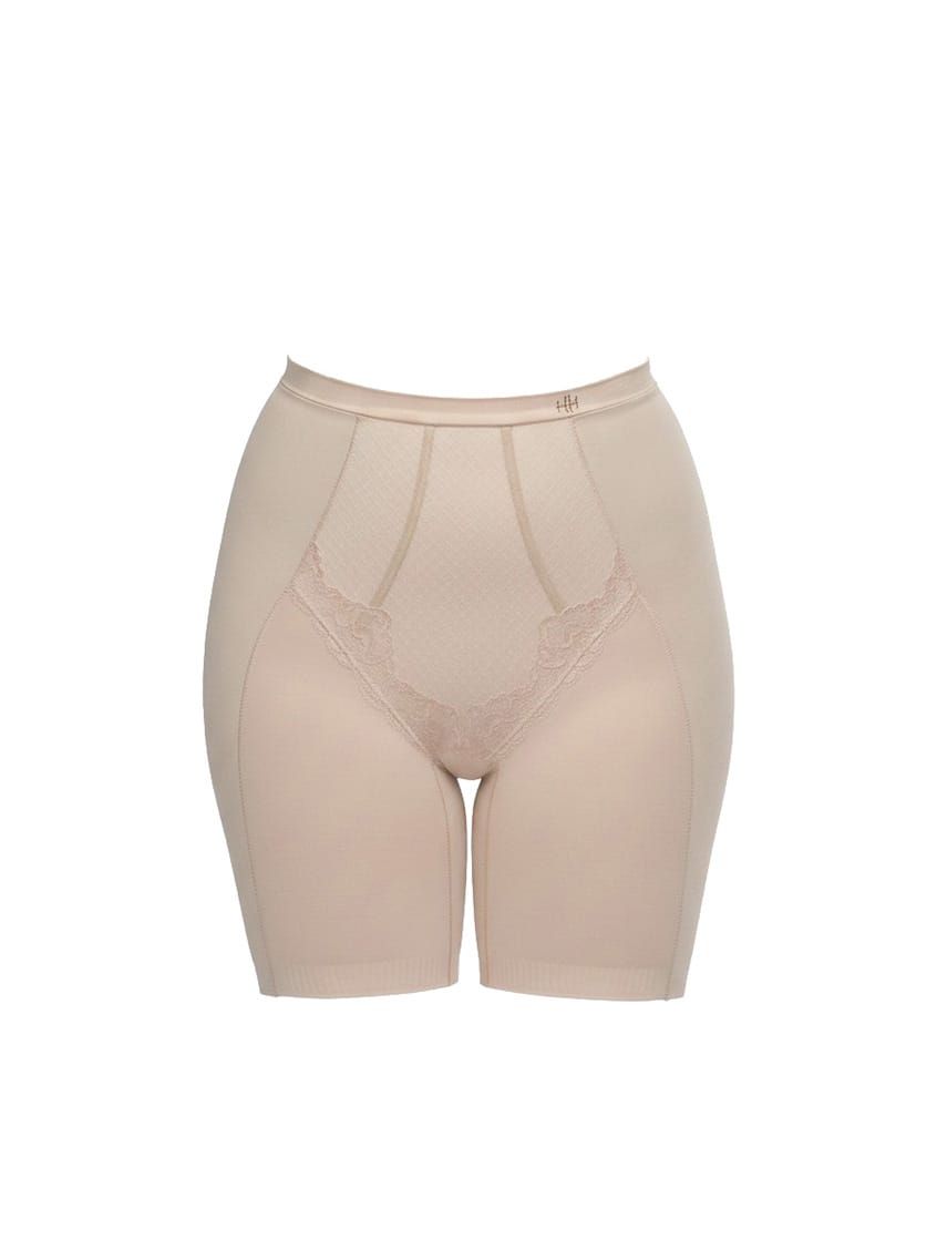 Beige shapewear shorts on a white background