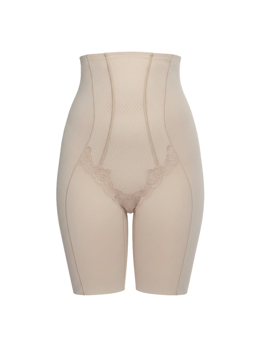 Beige shapewear shorts on a white background