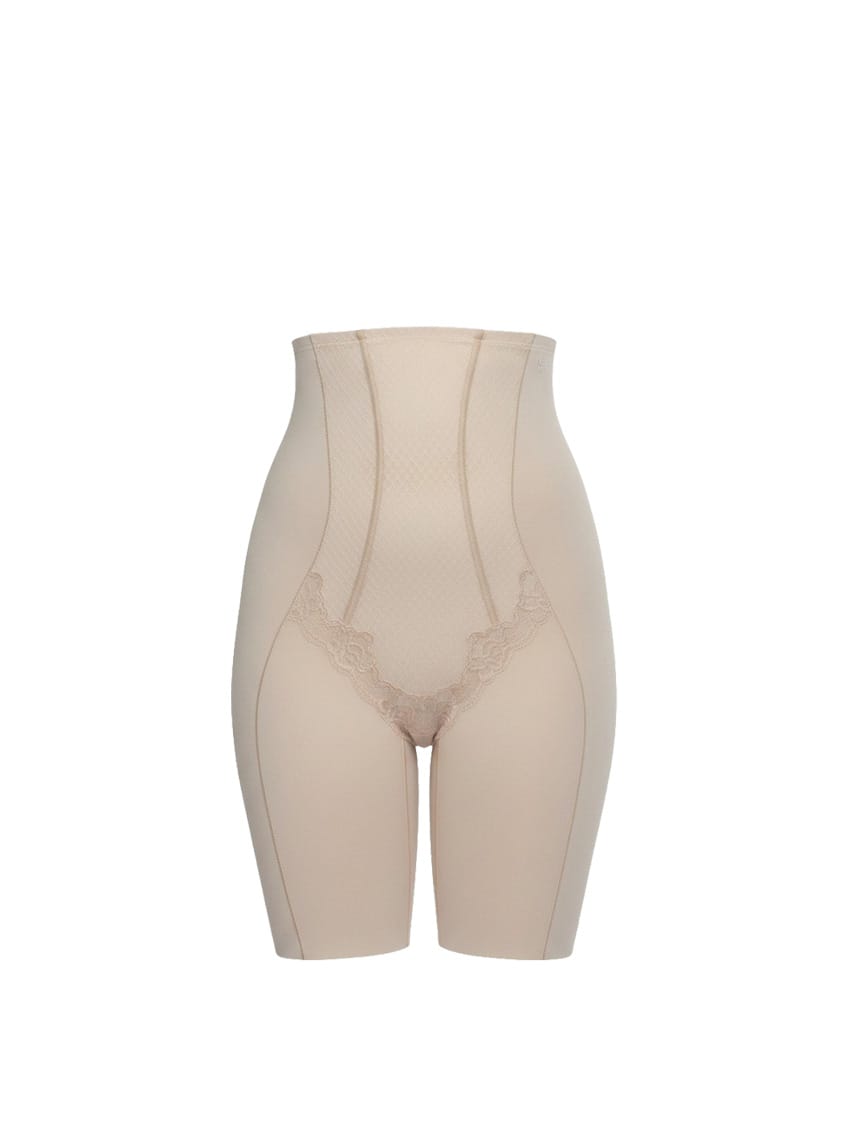 Beige shapewear shorts on a white background