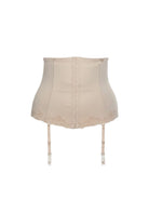 Beige corset with lace details on a plain background