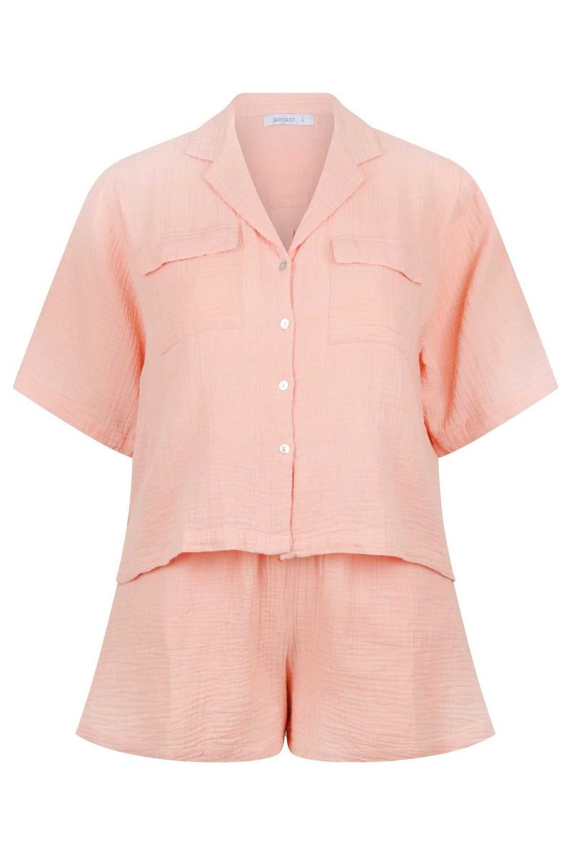 ghost mannequin of short cotton crepe lounge wear set with button through front shirt in musk