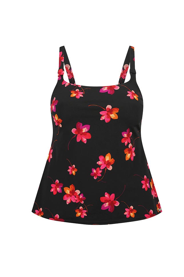 ghost mannequin image of a black and pink floral tankini top