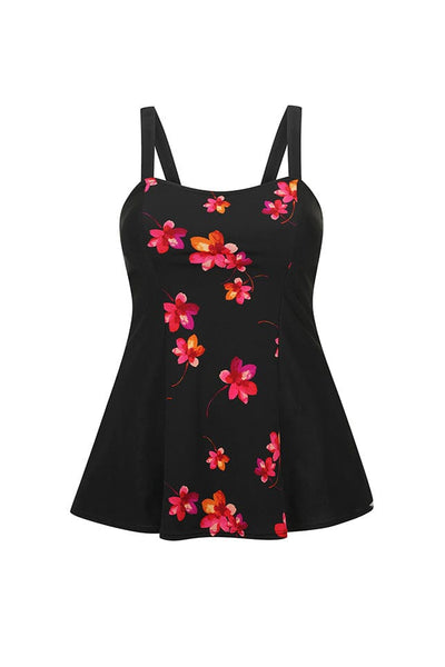 ghost mannequin image of a black panelled swimming dress with pink and black floral panelled middle section