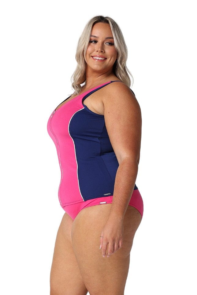 Side profile of curvy model wearing flattering high waisted swim pant