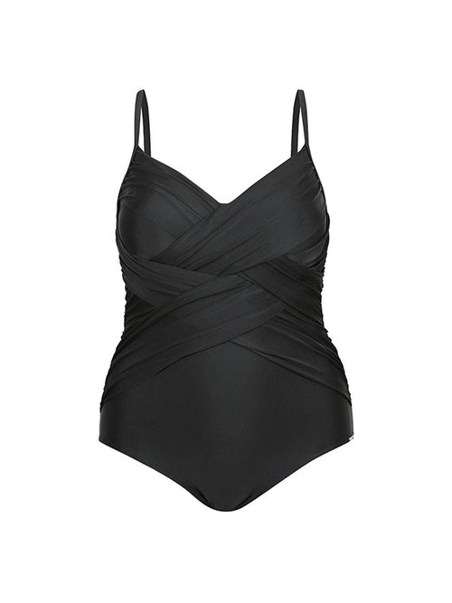 Ghost mannequin black criss cross one piece swimsuit
