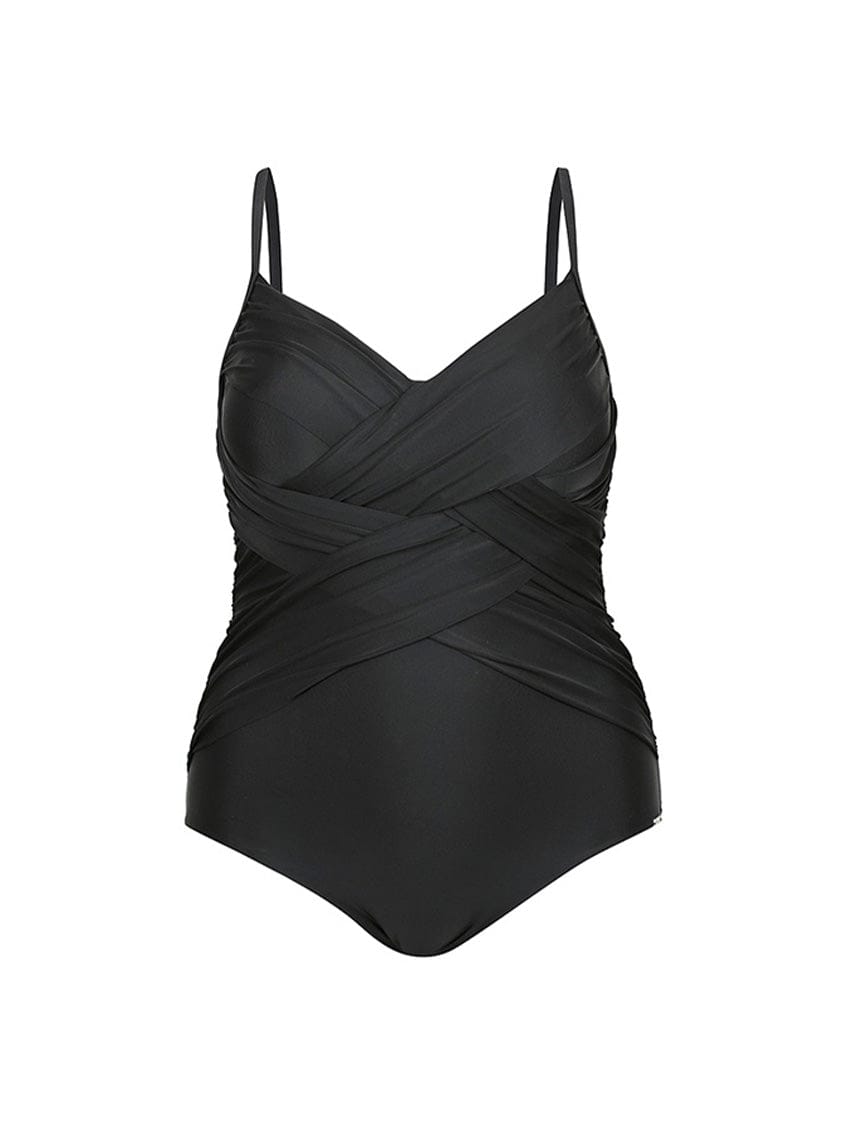 Ghost mannequin black criss cross one piece swimsuit
