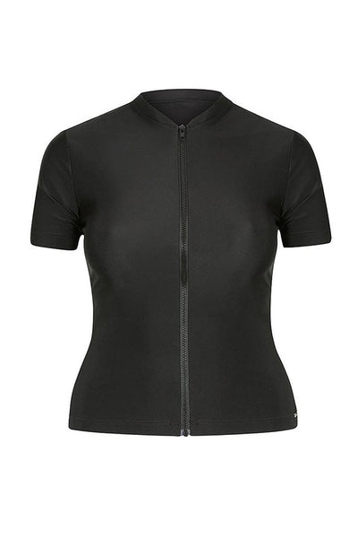 ghost mannequin image of a black short sleeve rash vest with full length zip front