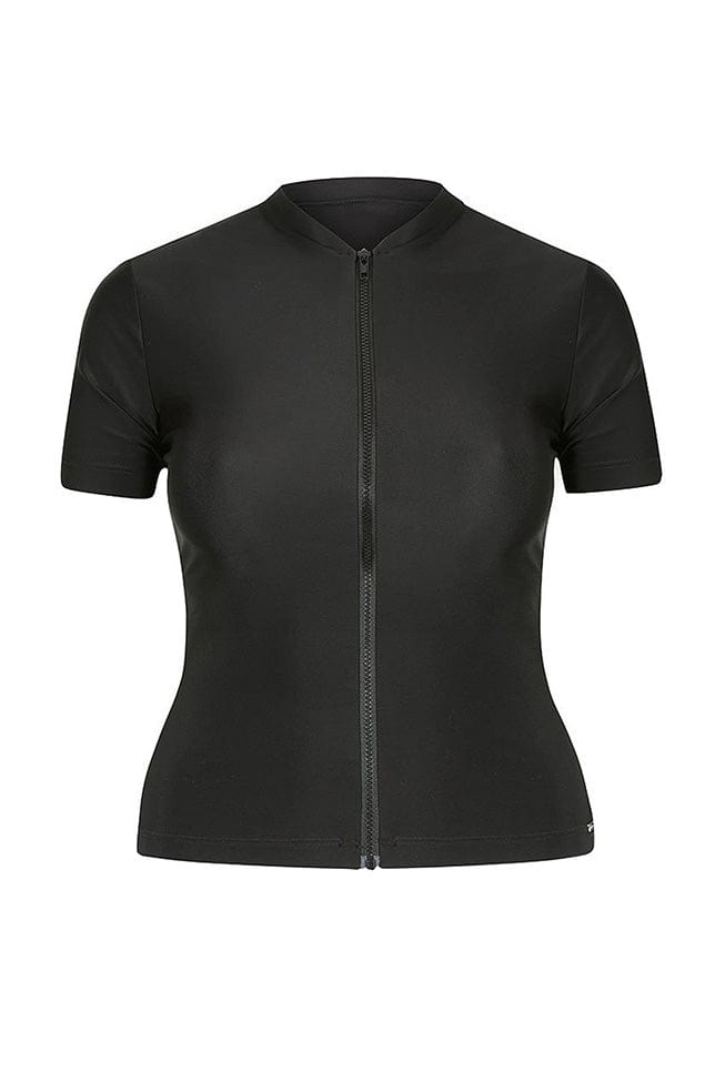 ghost mannequin image of a black short sleeve rash vest with full length zip front