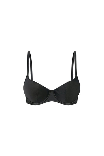 ghost mannequin image of a black underwire bikini top with adjustable straps