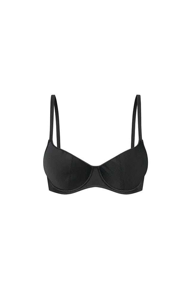 ghost mannequin image of a black underwire bikini top with adjustable straps