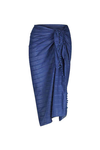 ghost mannequin image of navy blue cotton sarong with pompom details on the end