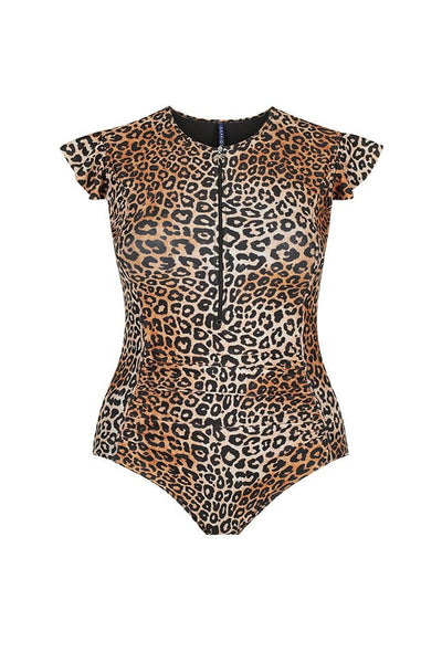Ghost Mannequin image of leopard high neck zip up one piece with frill sleeve