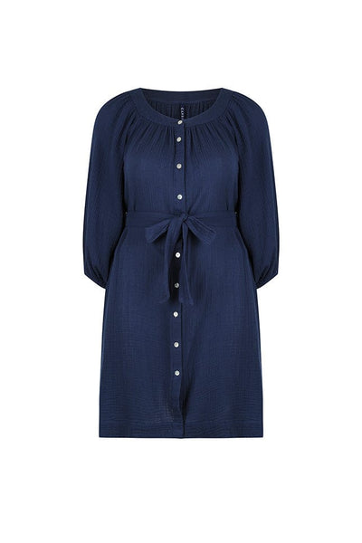 navy blue cheesecloth cotton dress with a wide neckline and full length buttons with a removable tie belt