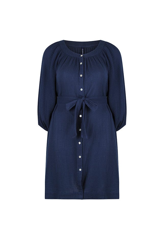 navy blue cheesecloth cotton dress with a wide neckline and full length buttons with a removable tie belt