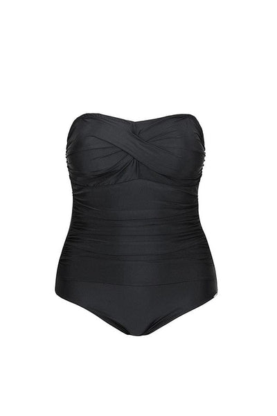 ghost mannequin image of a black twist front bandeau one piece with extra stomach shirring