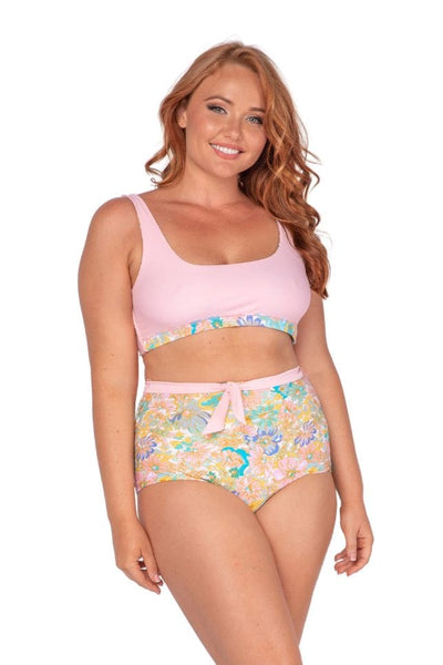 Curve women wearing plus size retro floral high waisted bikini bottoms