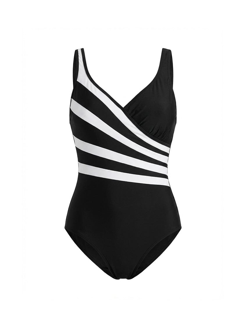 Black swimsuit with white stripes on a white background