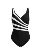 Black swimsuit with white stripes on a white background