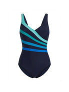 Navy one-piece swimsuit with green and blue stripes on a white background