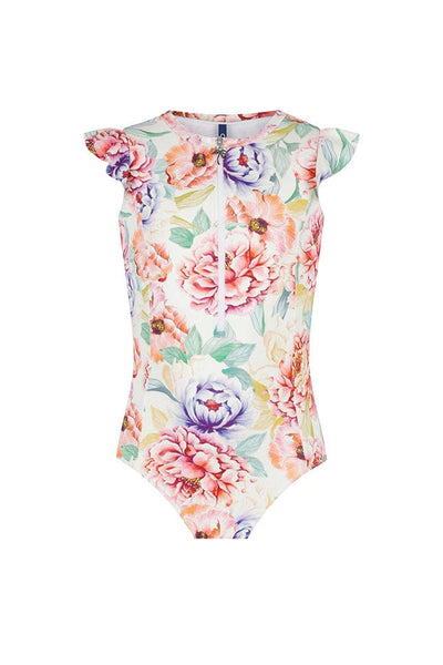 ghost mannequin of girls one piece swimsuit with frill sleeves in white with peach, lilac and green florals