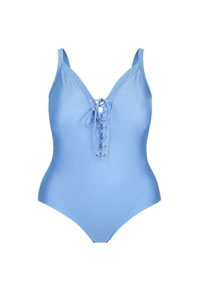 ghost mannequin image of a v neck one piece in cornflower blue with lace up plunge front detail