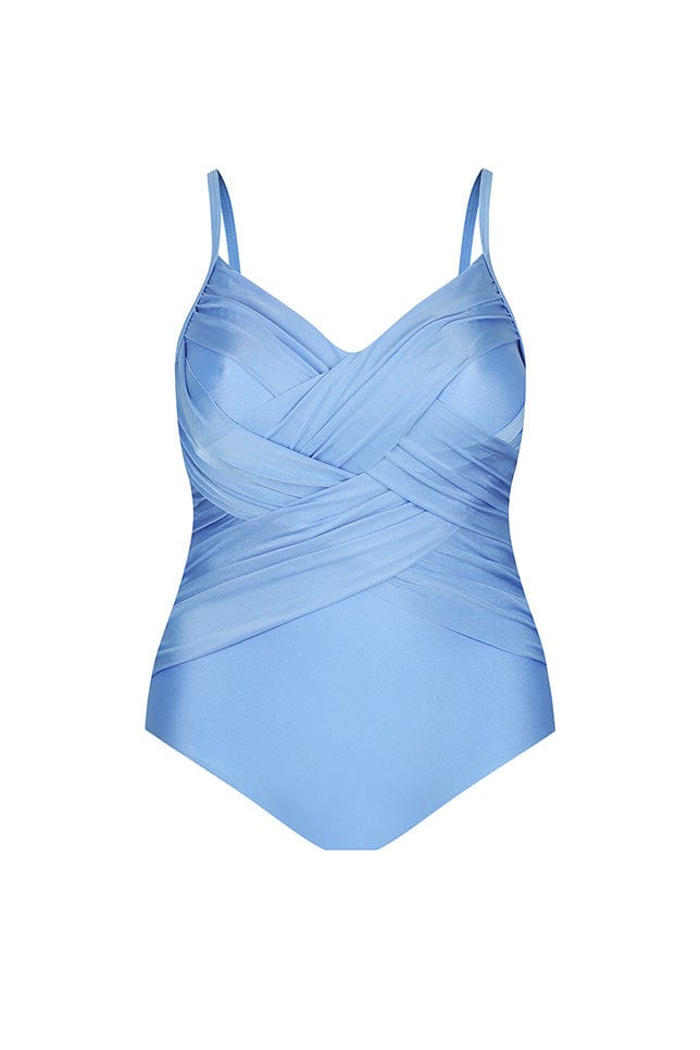 ghost mannequin image of powder blue metallic one piece swimsuit with extra fabric criss crossed over the bust and waist area