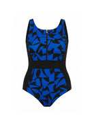 Black and blue geometric patterned swimsuit on a white background