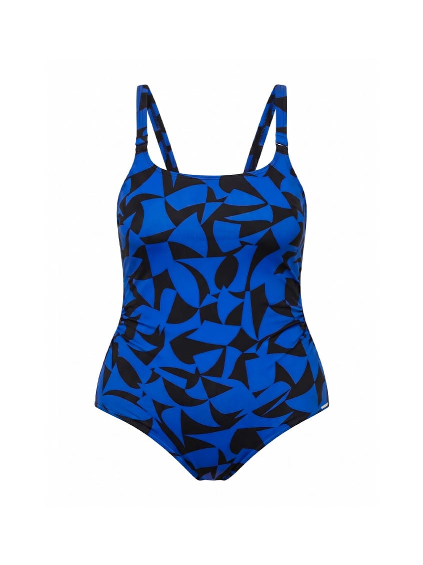 Blue and black geometric patterned swimsuit on a white background