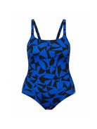 Blue and black geometric patterned swimsuit on a white background