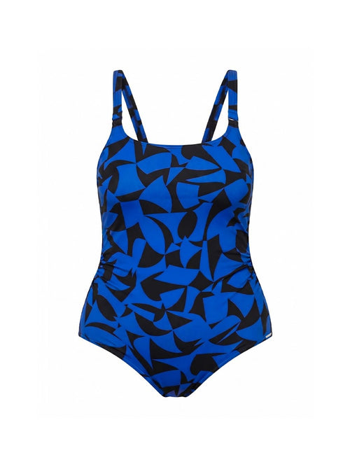 Blue and black geometric patterned swimsuit on a white background