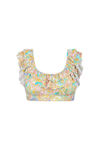 ghost mannequin photo of pastel pink and blue retro floral printed bikini top with 2 frill detail across the top