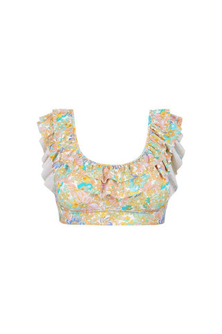 Retro Floral Double Frill Bikini Top