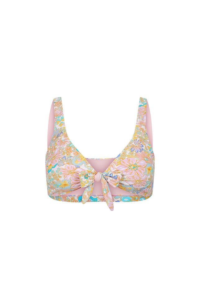 ghost mannequin image of pink and blue pastel floral bikini top with tie front detail