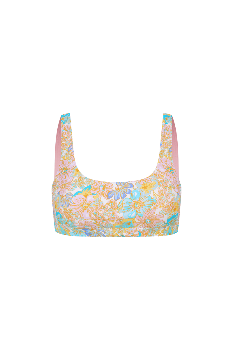 ghost mannequin image of pink and blue pastel floral bikini top with tie back detail