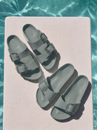 Group photo of sage birkenstock sandals with buckle detail