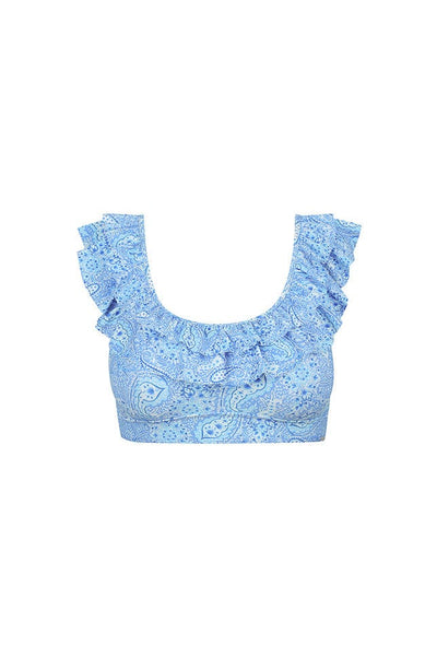 blue and white paisley printed double frilled off the shoulder bikini top on white background