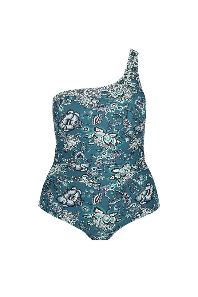 ghost mannequin image of one shoulder one piece in teal and white floral print