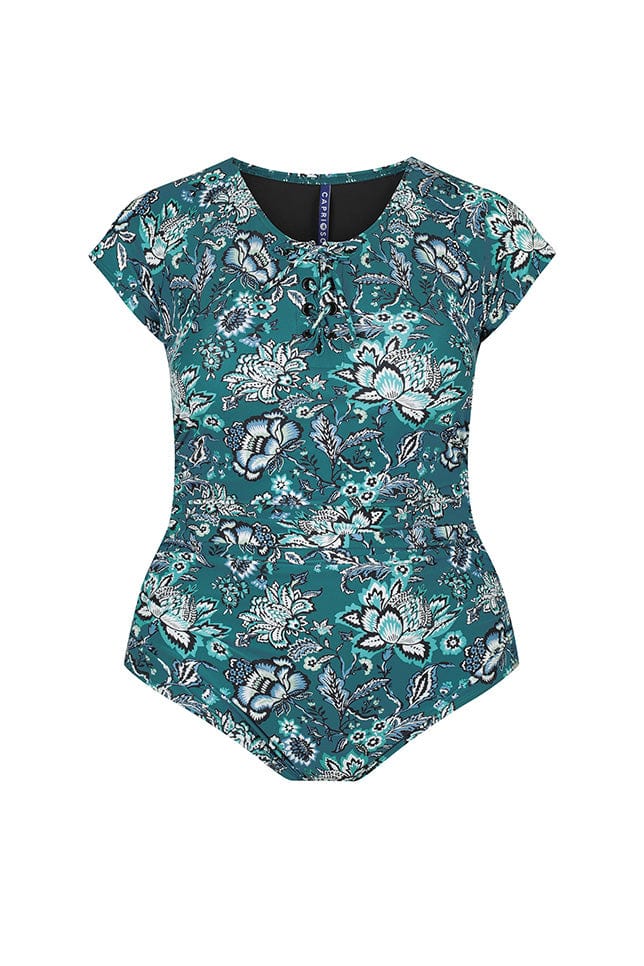 ghost mannequin images of a teal and whit floral one piece with cap sleeves and lace up front detail
