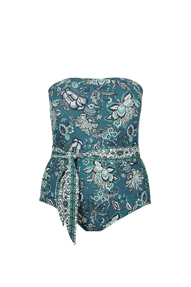 ghost mannequin image of a strapless underwire swimsuit with removable tie belt in teal and white printed pattern