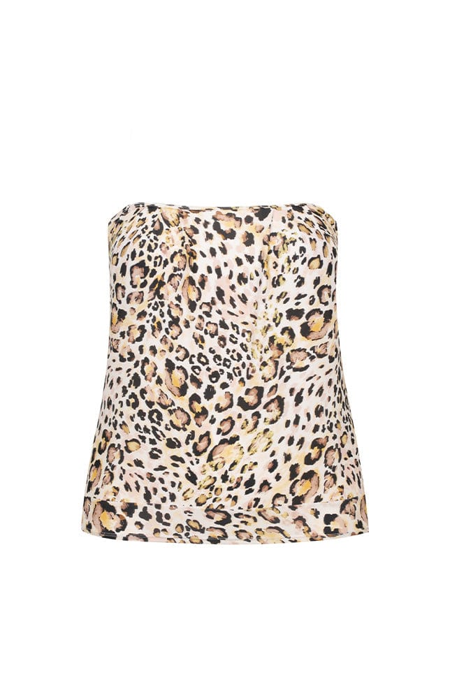 Ghost mannequin of flouncy tankini top in black leopard print with removable straps
