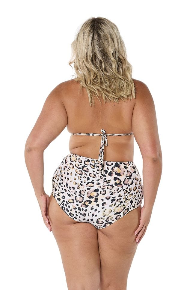 Back of model wearing triangle bikini top for plus size women with tie back in leopard print