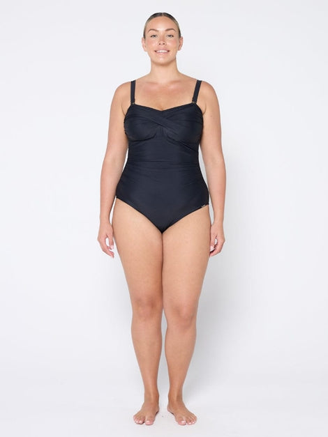 Plain Black Twist Front Bandeau One Piece