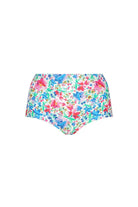 ghost mannequin of high waisted pant with white background and pink, green and blue floral pattern