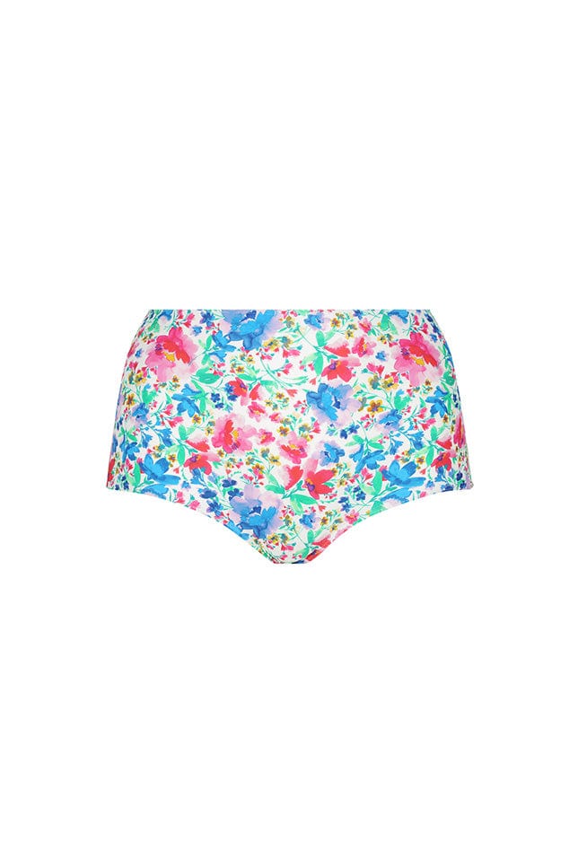 ghost mannequin of high waisted pant with white background and pink, green and blue floral pattern