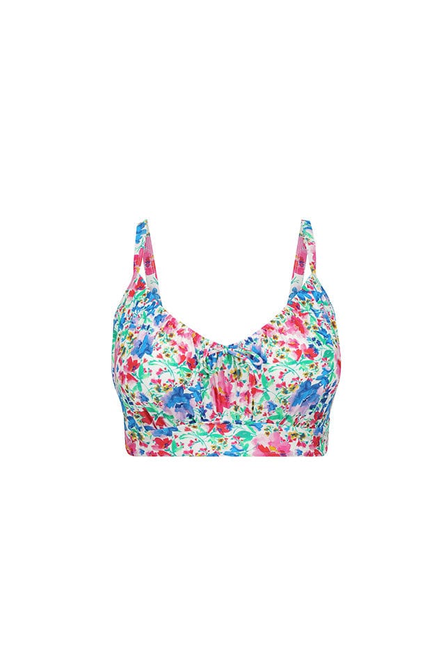 ghost mannequin of underwire tie back bikini top in white background with pink, green and blue floral pattern
