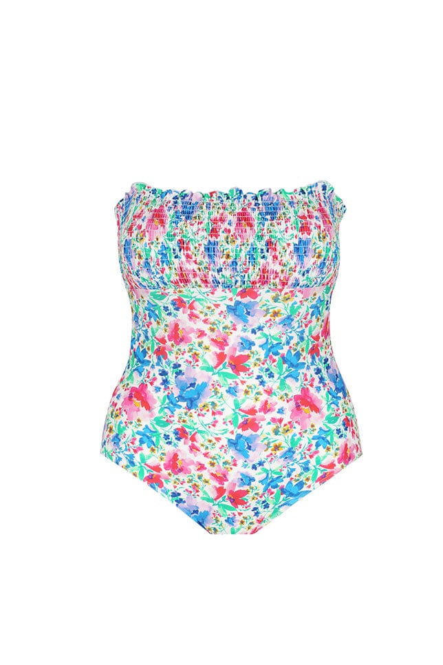 ghost mannequin of a shirred bandeau one piece swimsuit with white background and pink, green, blue flower print