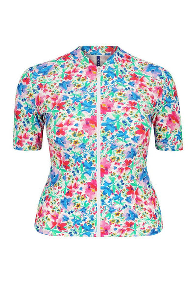 ghost mannequin of short sleeve rash vest with white background and pink, green and blue floral pattern