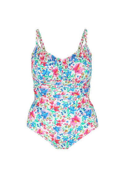 ghost mannequin on underwire one piece swimsuit in white based floral print with pink, green and blue floral pattern