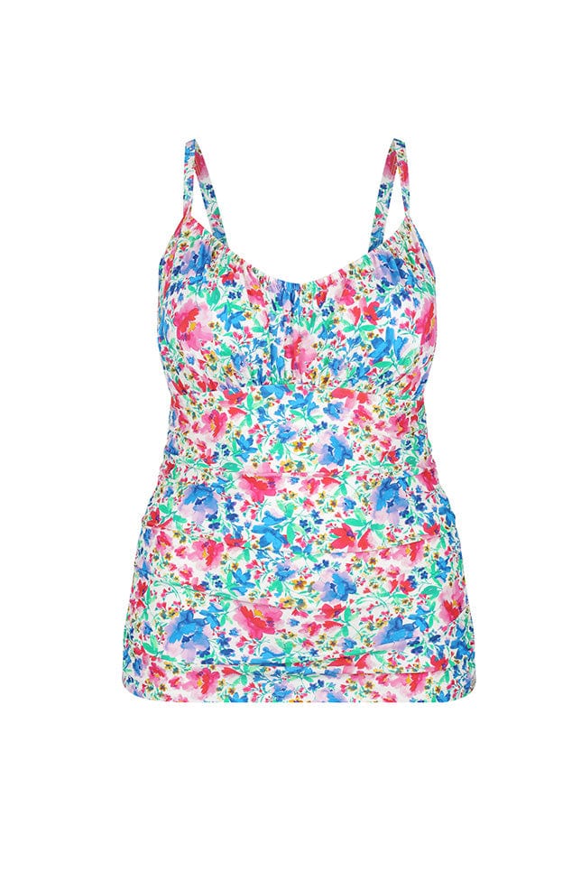 ghost mannequin images of a white based floral tankini top with underwire support